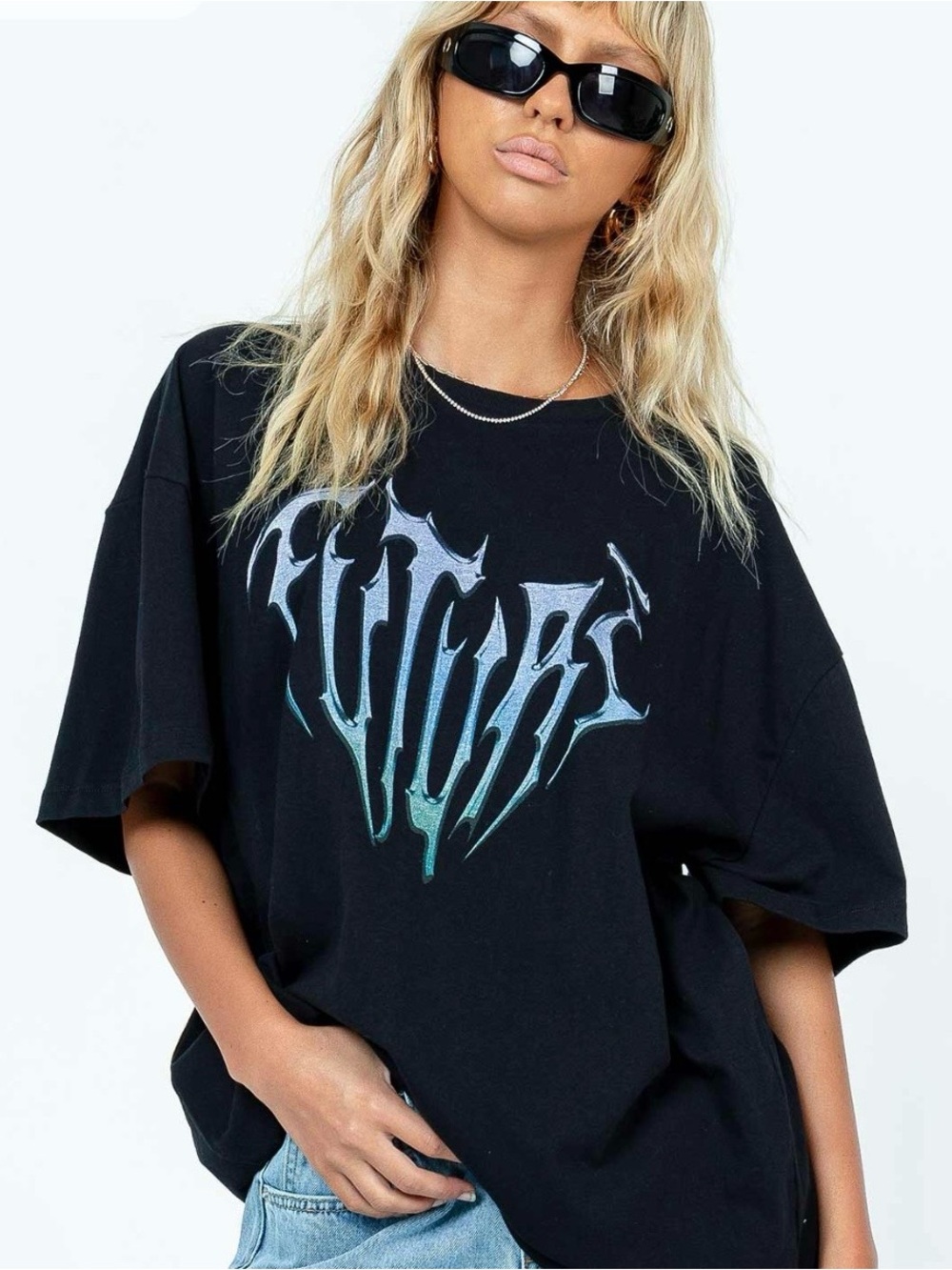 Princess Polly oversized Black Future Crewneck Tee, Organic Cotton